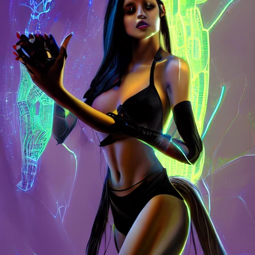 beauty young spanish woman with long black hair robotic hands, interacting with a holographic interface of alien artifacts, electrical case display, Terminator tech, ultrarealistic, dramatic lighting, electrical details, high details, 4k, 8k, best, accurate, trending on artstation, artstation, photorealism,naked, ultrarealistic, digital painting, style of Peter Mohrbacher, Caravaggio, Hajime Sorayama and Boris Vallejo, 3D,student
