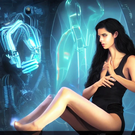 beauty young spanish woman with long black hair robotic hands, interacting with a holographic interface of alien artifacts, electrical case display, Terminator tech, ultrarealistic, dramatic lighting, electrical details, high details, 4k, 8k, best, accurate, trending on artstation, artstation, photorealism,naked, ultrarealistic, digital painting, style of Peter Mohrbacher, Caravaggio, Hajime Sorayama and Boris Vallejo, 3D