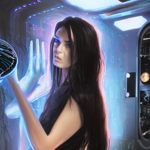 beauty young spanish woman with long black hair robotic hands, interacting with a holographic interface of alien artifacts, electrical case display, Terminator tech, ultrarealistic, dramatic lighting, electrical details, high details, 4k, 8k, best, accurate, trending on artstation, artstation, photorealism,naked, ultrarealistic, digital painting, style of Peter Mohrbacher, Caravaggio, Hajime Sorayama and Boris Vallejo