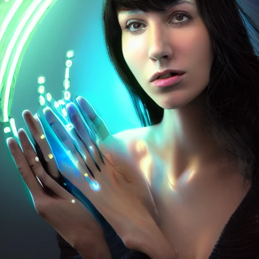 beauty young spanish woman with long black hair robotic hands, interacting with a holographic interface of alien artifacts, electrical case display, Terminator tech, ultrarealistic, dramatic lighting, electrical details, high details, 4k, 8k, best, accurate, trending on artstation, artstation, photorealism,naked, ultrarealistic, digital painting, style of Peter Mohrbacher, Caravaggio, Hajime Sorayama and Boris Vallejo,3d