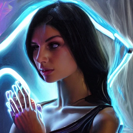 beauty young spanish woman with long black hair robotic hands, interacting with a holographic interface of alien artifacts, electrical case display, Terminator tech, ultrarealistic, dramatic lighting, electrical details, high details, 4k, 8k, best, accurate, trending on artstation, artstation, photorealism,naked, ultrarealistic, digital painting, style of Peter Mohrbacher, Caravaggio, Hajime Sorayama and Boris Vallejo,3d,filipina
