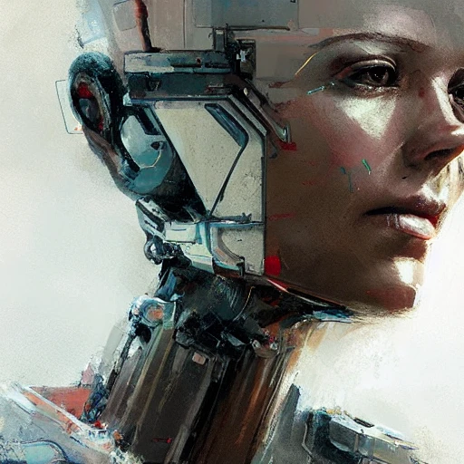 Professional painting of biorobot with bionic parts by Jeremy Mann, Rutkowski, and other Artstation illustrators, intricate details, portrait, face, closeup, headshot, mugshot, illustration, UHD, 4K