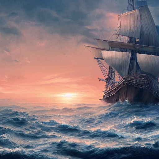 Painting of a ship on rough waters at sunset, intricate, highly detailed, overgrown, photo realistic, high quality, cinematic, gorgeous, 4k, hd, digital art, mythica