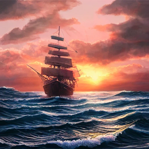 Painting of a ship on rough waters at sunset, intricate, highly detailed, overgrown, photo realistic, high quality, cinematic, gorgeous, 4k, hd, digital art, mythical, 8k,high definition,insanely detailed,intricate,elegant,photo realistic
