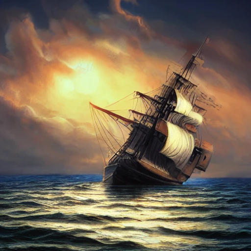 Painting of a ship on rough waters at sunset, intricate, highly detailed, overgrown, photo realistic, high quality, cinematic, gorgeous, 4k, hd, digital art, mythical, 8k,high definition,insanely detailed,intricate,elegant,photo realistic