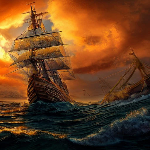 ship on rough waters at sunset, intricate, highly detailed, overgrown, photo realistic, high quality, cinematic, gorgeous, 4k, hd, digital art, mythical, 8k,high definition,insanely detailed,intricate,elegant,photo realistic