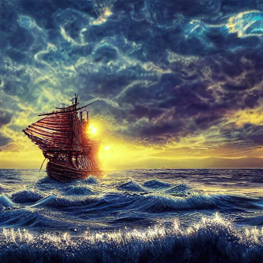 ship on rough waters at sunset, intricate, highly detailed, overgrown, photo realistic, high quality, cinematic, gorgeous, 4k, hd, digital art, mythical, 8k,high definition,insanely detailed,intricate,elegant,photo realistic, 3D, Trippy