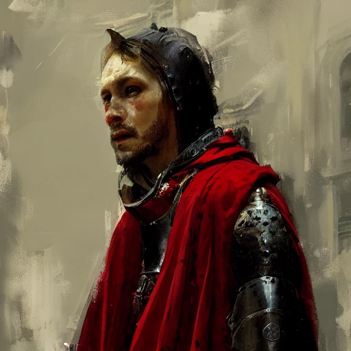 Professional painting of a medieval noble wearing red robe by Jeremy Mann, Rutkowski and other Artstation illustrators, face, colorfull, portrait, headshot, illustration, Oil Painting