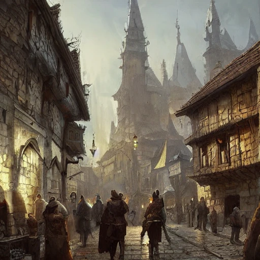 a medieval city square, landscape, grimdark, illustration, oil painting, by Darek Zabrocki