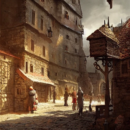 a small medieval twon square, landscape, grimdark, illustration, oil painting, by Darek Zabrocki --ar 16:9