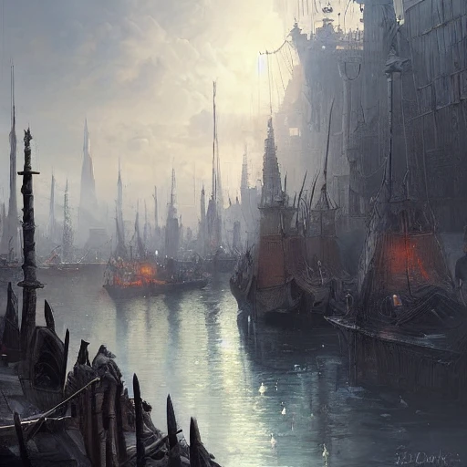 a medieval city port, landscape, grimdark, illustration, oil pai ...
