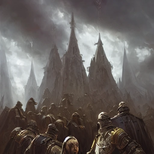 a group of signar worrior priests, medieval fantasy, landscape, grimdark, illustration, oil painting, by Darek Zabrocki