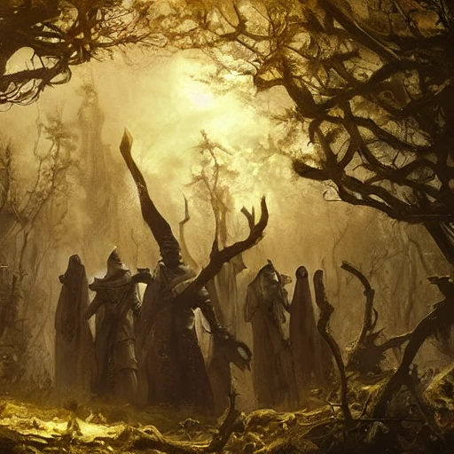 a group of signar worrior priests in a forest, medieval fantasy, landscape, grimdark, illustration, oil painting, by Darek Zabrocki