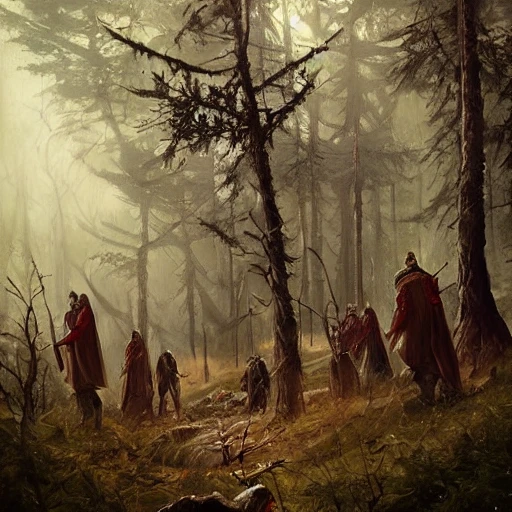 a group of signar worrior priests in a forest, medieval fantasy, landscape, grimdark, illustration, oil painting, by Darek Zabrocki