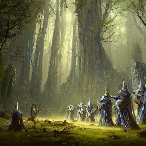 a group of worrior priests weraing blue armor in a forest, medieval fantasy, landscape, grimdark, illustration, oil painting, by Darek Zabrocki