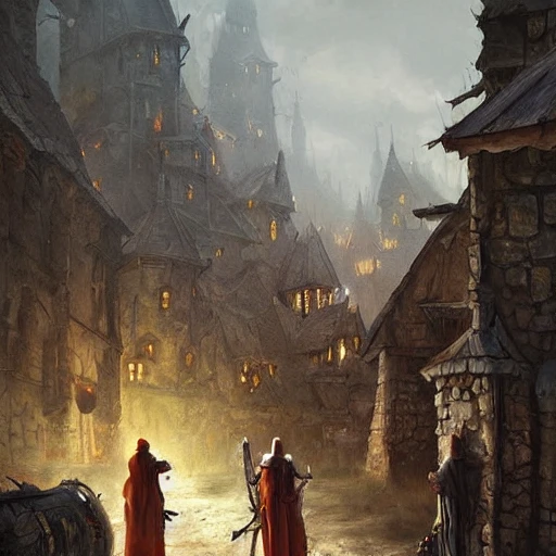 priests stakeburining in a village, medieval fantasy, landscape, grimdark, illustration, oil painting, by Darek Zabrocki