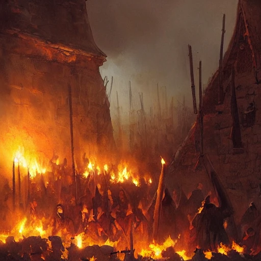 priests burning witches on a stake in a village, landscape, grimdark, illustration, oil painting, by Darek Zabrocki