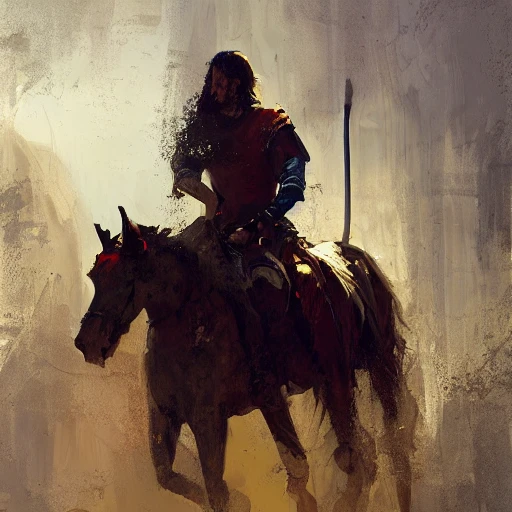 Professional painting of a medieval lord riding a horse by Jeremy Mann, Rutkowski and other Artstation illustrators, face, colorfull, portrait, headshot, illustration, Oil Painting