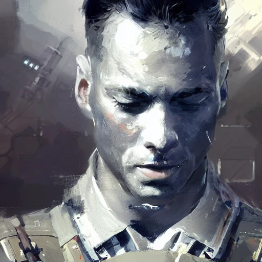 Professional painting of Space Navy captain in the styles of by Jeremy Mann, Rutkowski and other Artstation illustrators, intricate details, face, portrait, headshot, illustration, UHD, 4K