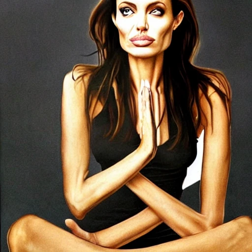 Angelina Jolie portrait, doing yoga, full body, realistic, hyper detailed