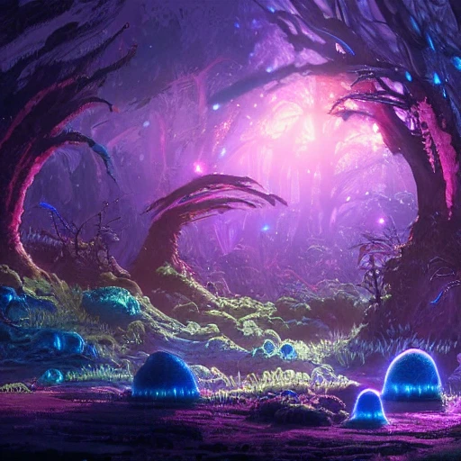 concept art painting of a fantasy alien fungal landscape at night, with glowing blue lights, glowing blue mushrooms, dark purple sky, realistic, detailed, cel shaded, in the style of makoto shinkai and greg rutkowski and albert bierstadt and james gurney 