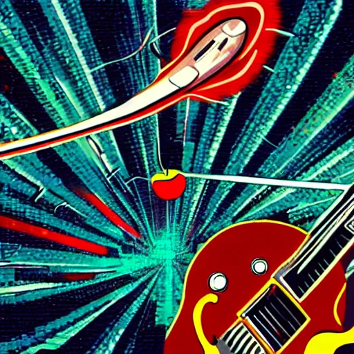 a Gibson SG GT flying like a rockets through a planetary body  splitting it like a apple shot by a bullet, Cartoon, Trippy