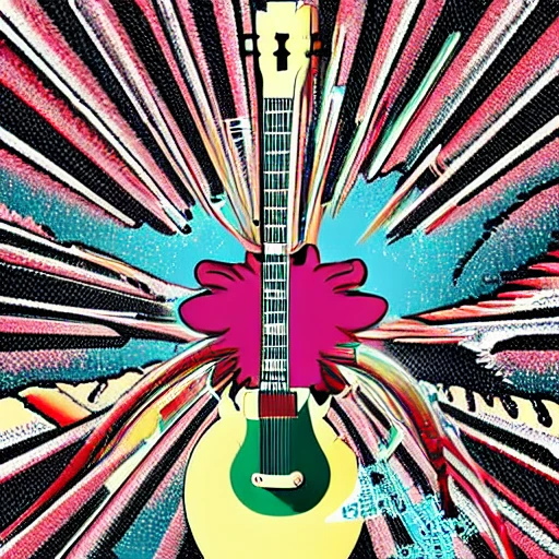 a Gibson SG GT flying like a rockets through a planetary body  splitting it like a apple shot by a bullet, Cartoon, Trippy