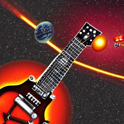 a Gibson SG GT flying like a rockets through a planetary body  splitting it like a apple shot by a bullet, Trippy