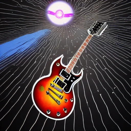 a Gibson SG GT flying like a rockets straight through a planetary body splitting it like a apple shot by a bullet, centered, Cartoon, 3D