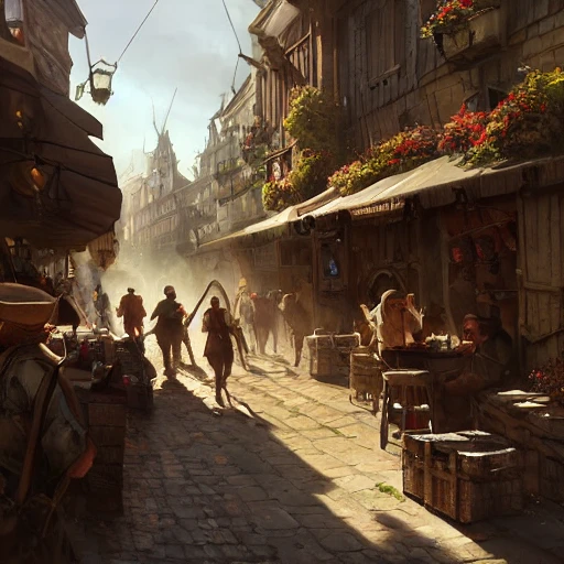 merchants barganing in town square, sunny day, landscape, grimdark, illustration, oil painting, by Darek Zabrocki