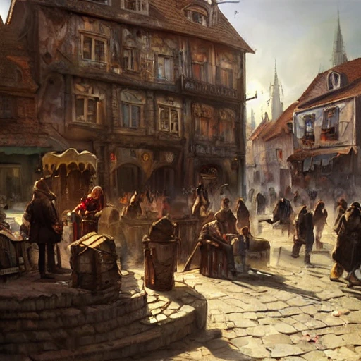 merchants talking in town square, sunny day, landscape, grimdark, illustration, oil painting, by Darek Zabrocki