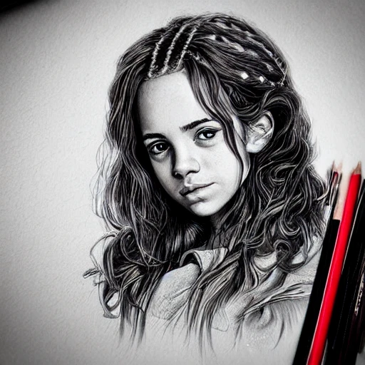 highly detailed portrait hermione Granger, photographic realistic background, by jose torres, by royal jafarov, by dustin hobert, by joe fenton, by kaethe butcher, trending on instagram, award winning details, pencil sketch