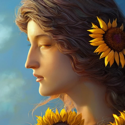Medium Close-up, Godess of Sunflowers, highly detailed, d & d, Peaceful and Calm Background, fantasy, highly detailed, digital painting, trending on artstation, concept art, sharp focus, global illumination, ray tracing, illustration, art by artgerm and greg rutkowski and fuji choko and viktoria gavrilenko and hoang lap