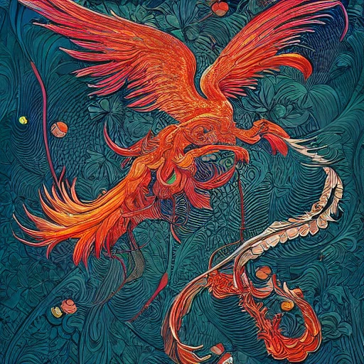 Flaming Phoenix in the style of ernst haeckel, James Jean, victo ngai, and wlop, highly detailed, masterpiece, award-winning, sharp focus, intricate concept art, ambient lighting, 8k, artstation