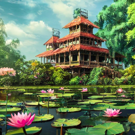 hyper-detailed anime, interior, Miniature Haunted house in clear lotus pond water, water plants, duckweeds, lotus ponds, colorful gravel, smooth cel-shading, photographic concept art, Intricate details, 8K, RTX, light mode, octane render