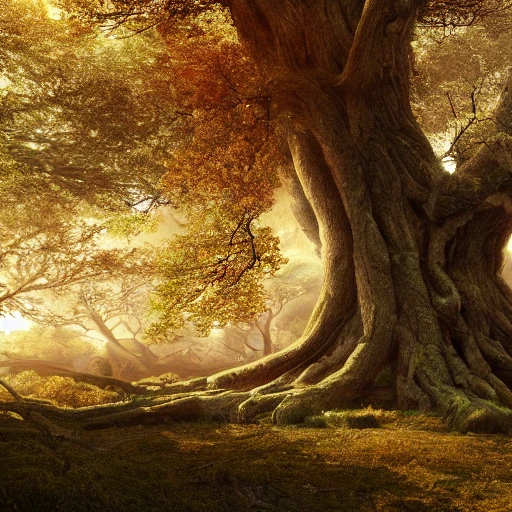 Huge old oak with golden small leaves and a slightly ethereal golden trunk called yggdrasil stand against the background of the ruins of the destroyed ancient Viking city 8k resolution hyperdetailed trending on Artstation matte painting