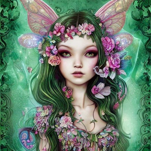 By Jasmine Becket-Griffith, Green-eyed fairy full body portrait, magic realism, 8k resolution concept art, Very beautiful, Intricate details, natural lighting