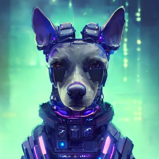 a beautiful portrait of a cute cyberpunk dog by greg rutkowski and wlop, purple blue color scheme, high key lighting, digital art, highly detailed, fine detail, intricate, ornate, complex 