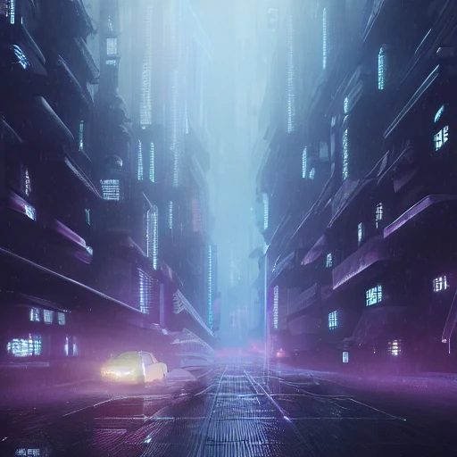 A rainy and foggy futuristic city, the year 2069 post world war, WW3, cyberpunk, dynamic angle, exciting perspective, science fiction, feeling of loneliness, people, by greg rutkowski and wlop, purple blue color scheme, high key lighting, digital art, highly detailed, fine detail, intricate, ornate, complex 