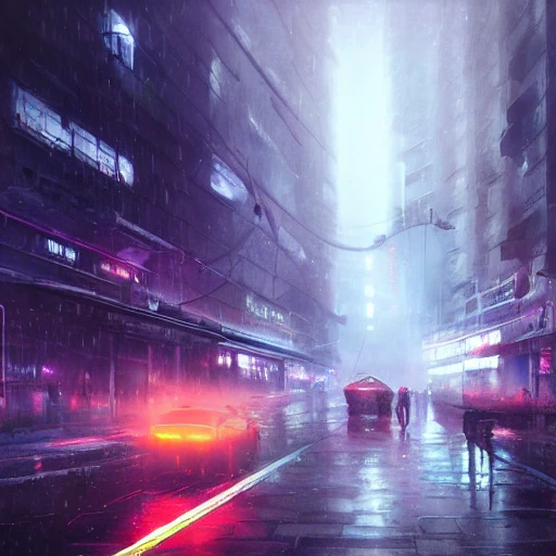 A rainy and foggy futuristic city, the year 2069 post world war, WW3, cyberpunk, dynamic angle, exciting perspective, science fiction, feeling of loneliness, people, by greg rutkowski and wlop, purple blue color scheme, high key lighting, digital art, highly detailed, fine detail, intricate, ornate, complex 