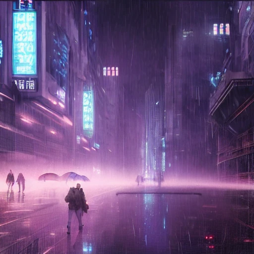 A rainy and foggy futuristic city, the year 2069 post world war, WW3, cyberpunk, exciting perspective, science fiction, feeling of loneliness, people, by greg rutkowski and wlop, purple blue color scheme, high key lighting, digital art, highly detailed, fine detail, intricate, ornate, complex 