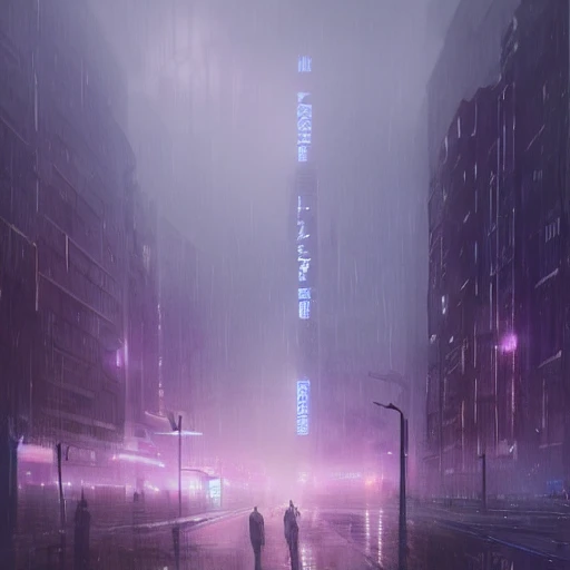 A rainy and foggy futuristic city, the year 2069 post world war, feeling of loneliness, people, by greg rutkowski and wlop, purple blue color scheme, high key lighting, digital art, highly detailed, fine detail, intricate, ornate, complex 