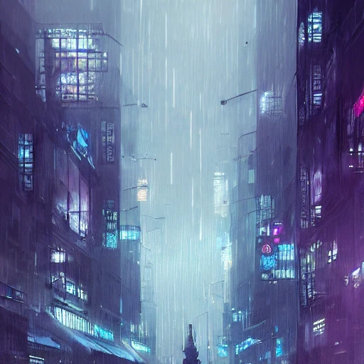 A rainy and foggy futuristic city, the year 2069 post world war, feeling of loneliness, people, by greg rutkowski and wlop, purple blue color scheme, high key lighting, digital art, highly detailed, fine detail, intricate, ornate, complex , Water Color