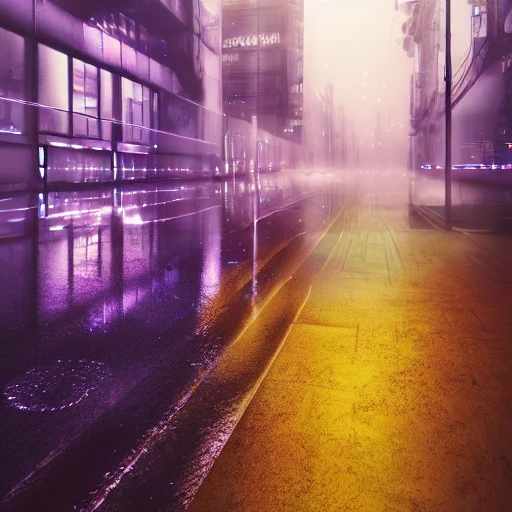A rainy and foggy futuristic city, the year 2069 post world war, feeling of loneliness, people, purple blue color scheme, high key lighting, digital art, highly detailed, fine detail, intricate, ornate, complex , Water Color