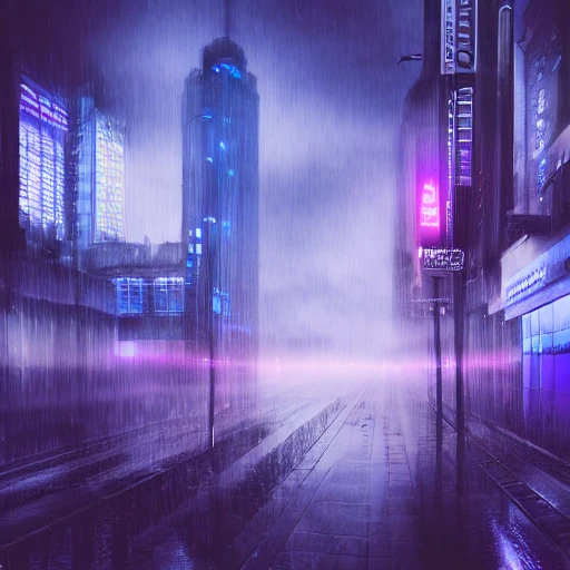 A rainy and foggy futuristic city, the year 2069 post world war, feeling of loneliness, people, purple blue color scheme, high key lighting, digital art, highly detailed, fine detail, intricate, ornate, complex, Water Color