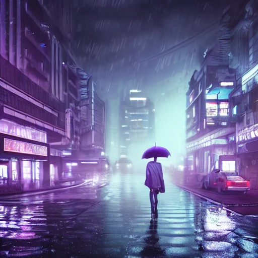A rainy and foggy futuristic city, the year 2069 post world war, feeling of loneliness, people, purple blue color scheme, high key lighting, digital art, highly detailed, fine detail, intricate, ornate, complex, Cartoon
