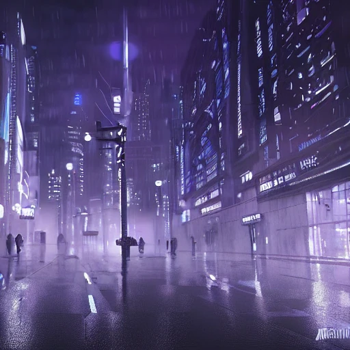 A rainy and foggy futuristic city, the year 2069 post world war, feeling of loneliness, people, purple blue color scheme, high key lighting, digital art, highly detailed, fine detail, intricate, ornate, complex, realistic 3D, 4K