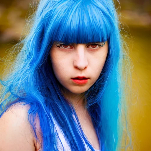 girl with blue hair and yellow eyes in growth against the background of the sea
