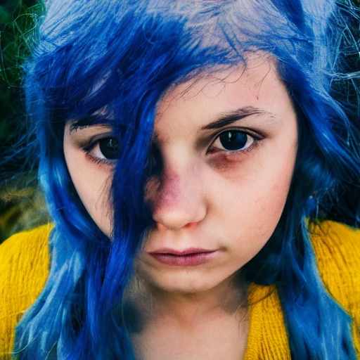 girl with blue hair and yellow eyes in growth against the background of the sea