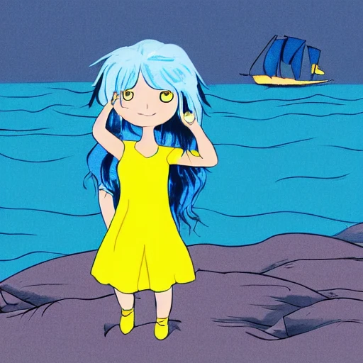 girl with blue hair and yellow eyes in growth against the background of the sea, Cartoon